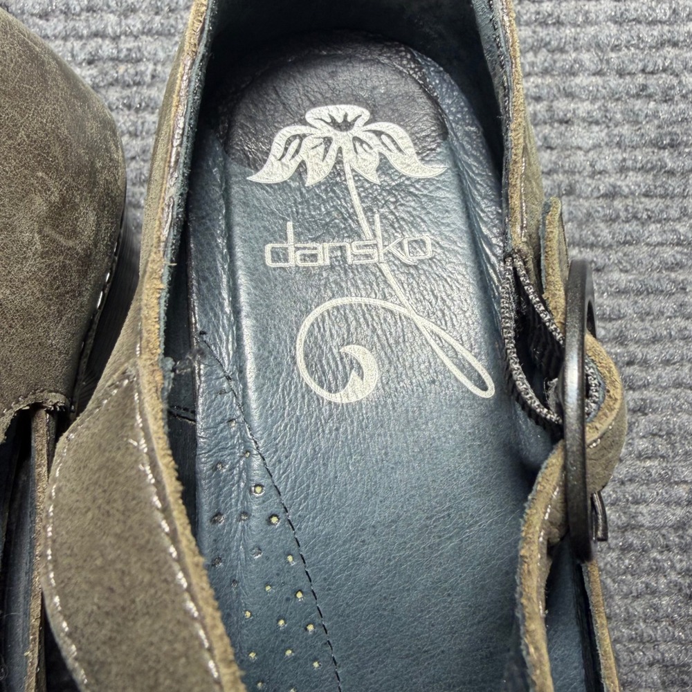 Dansko Neci Olive Green Leather Mary Jane Clog Heels Studded Size 38 - Picture 6 of 10
